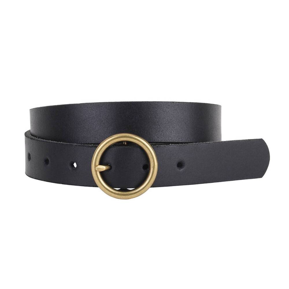 NEW MOST WANTED women's genuine leather belt with brass circle buckle in black